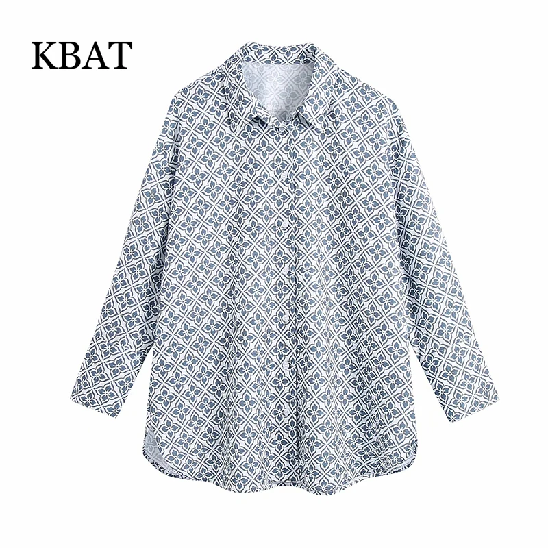 

KBAT Women's Shirts 2021 Autumn Print Long Sleeve Top Women Vintage Loose Bloues Woman Clothing Button Chic Tops Shirts
