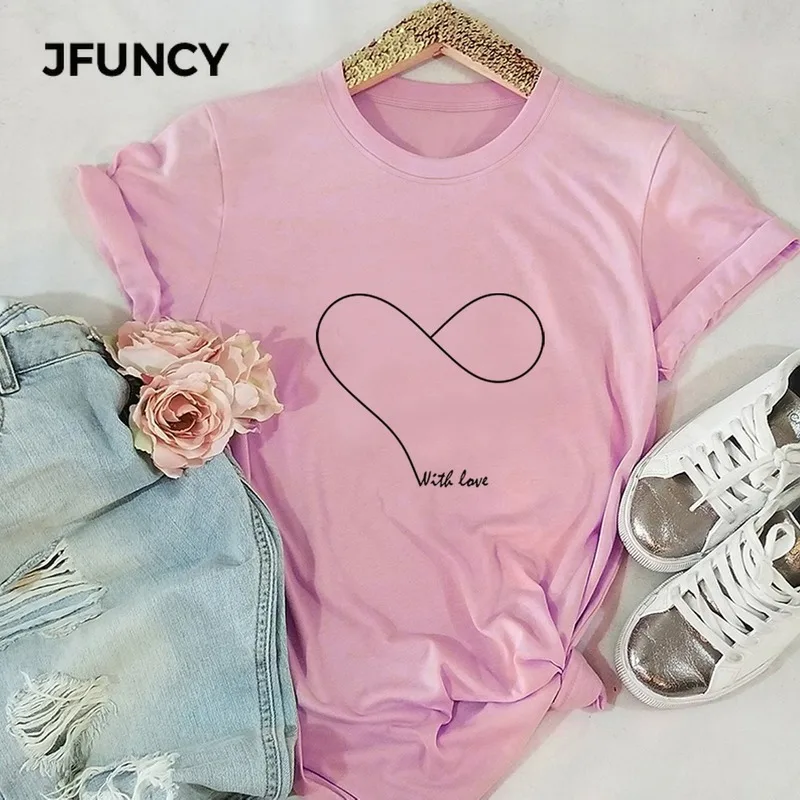 JFUNCY Summer Women Tops 5XL Oversize Casual Woman Loose T-shirts New Love Heart Print Short Sleeve Female Cotton Tees Shirt