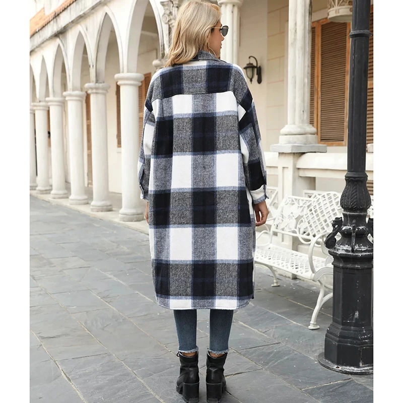 

GypsyLady Long Block Plaid Jacket Coat Vintage Woolen Thick Casual Loose Coat Women Jacket Button Front Pocket Jacket Outwear