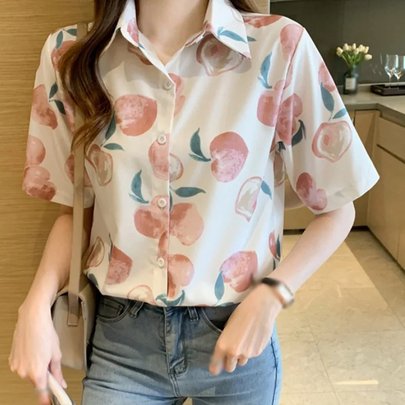 

Jlong Casual Printing Shirt Short Sleeve Women Fashion Loose Blouse Summer Turn-Down Collar Blouse