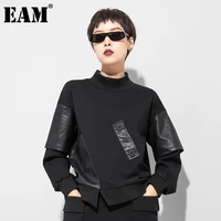 eam women big size black pu leather spliced pocket t shirt new turtleneck long sleeve fashion tide spring autumn 2022 1dd0680