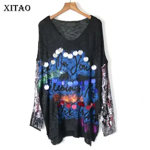 Женский ажурный свитер XITAO, винтажный Свободный Асимметричный свитер с буквенным принтом и блестками, с длинным рукавом и V-образным вырезом, WQR1962, 2019