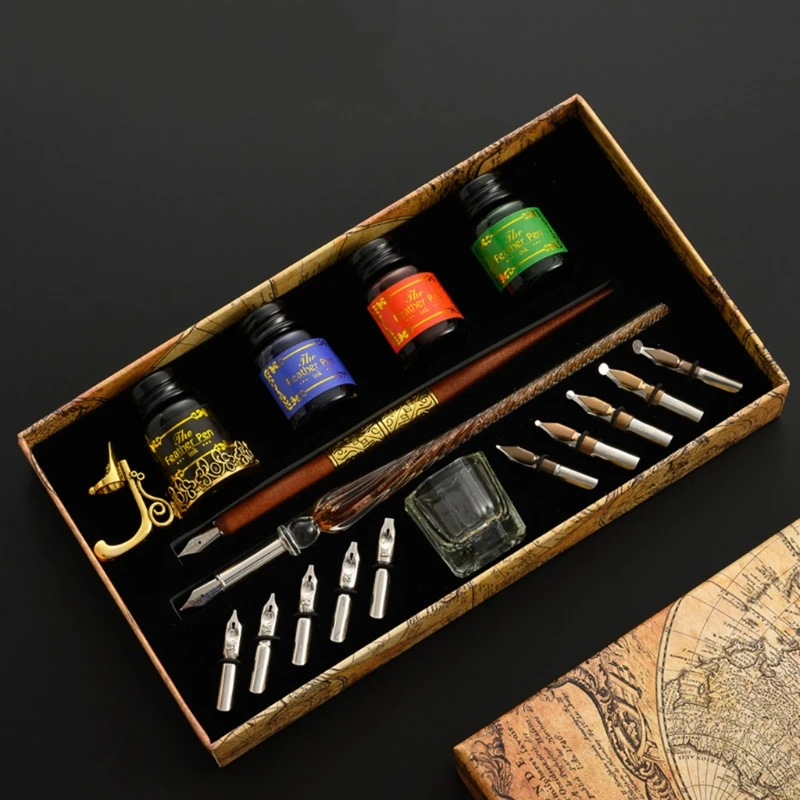 

1 Set Vintage Dip Pen Fountain Writing Ink 10 Nibs Pen Holder Gift Box Calligraphy Stationery School Supplies