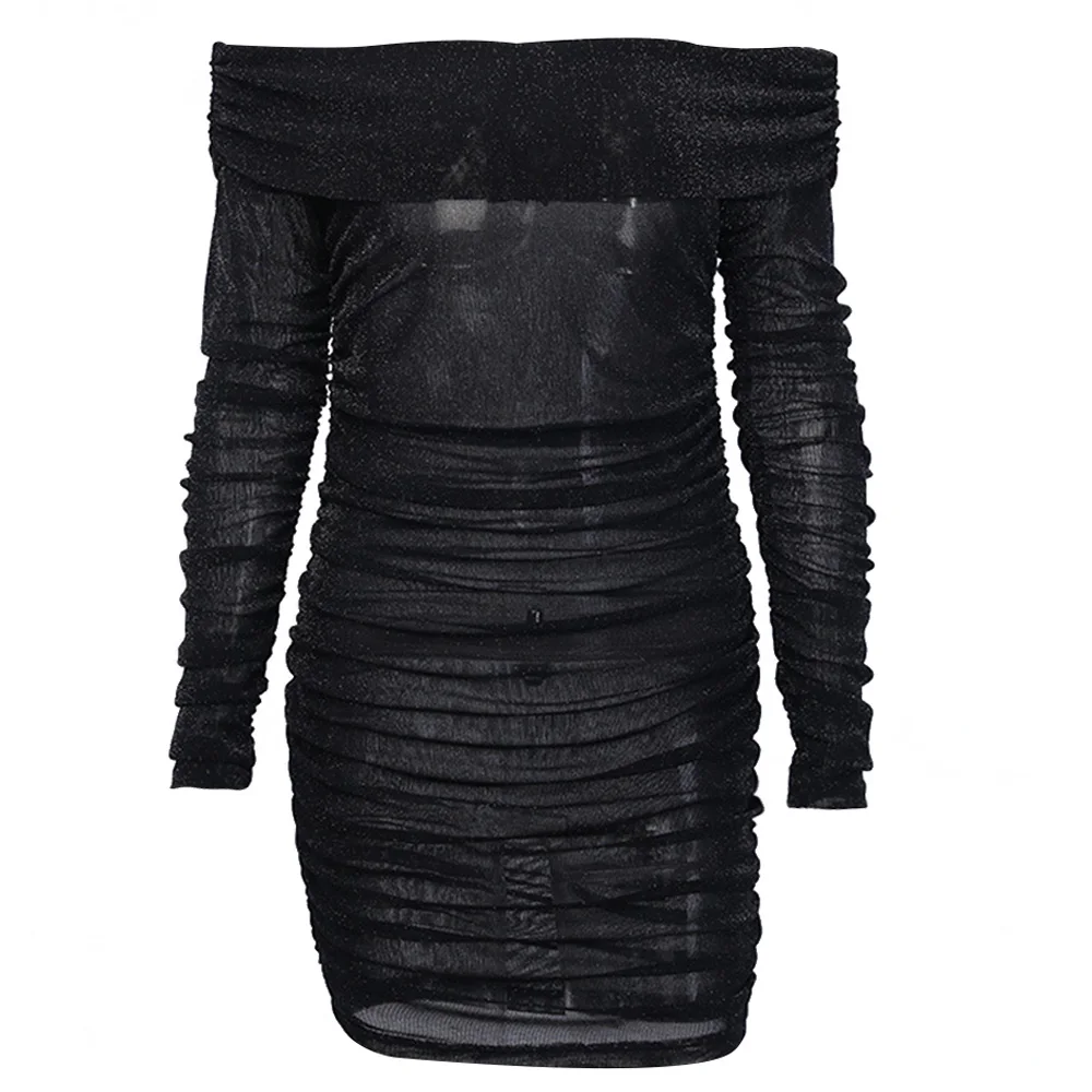 Evening Party Night Dress Girls Long Sleeve Slash Neck Sequin Sexy Women 2020 New Pleated Slim Fit Mini Wrap D30 | Женская одежда