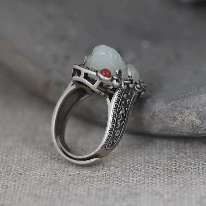 

Sterling Silver Ring S925 Silver Retro Elegant Natural Hetian Jade Ring Jade Money Drawing and Evil Spirits Exorcising Open Fema