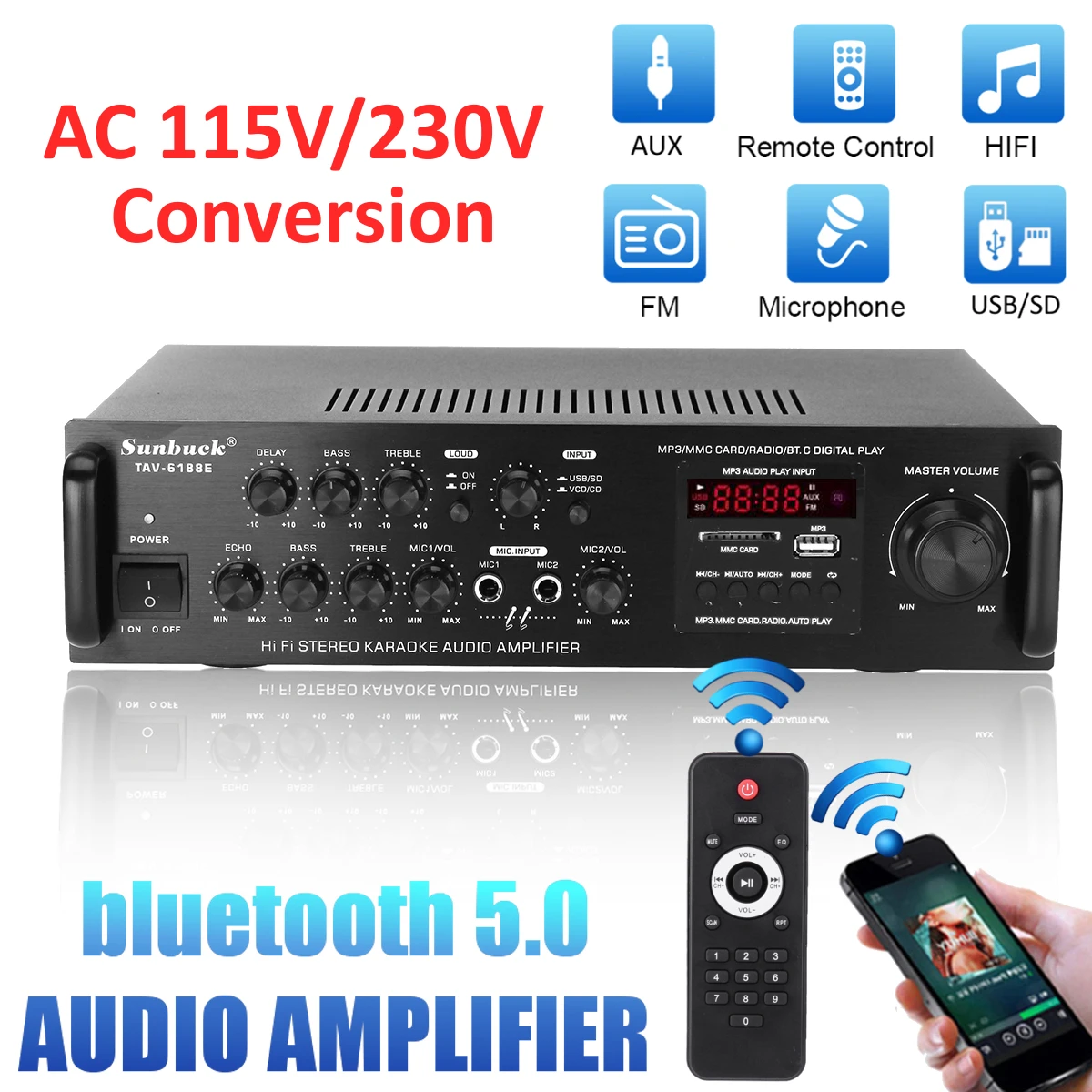 

220V 200W TAV-6188E Bluetooth5.0 Audio Amplifier EQ Stereo Home Theater AMP Car Home 5CH AUX USB FM SD - US Plug