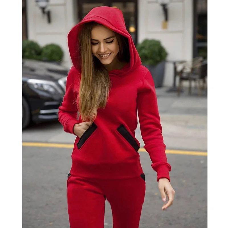 red Модный осенне-зимний спортивный костюм для женщин с капюшоном и карманами, комплект со штанами, комплект из двух предметов, спортивный костюм - Цвет: red