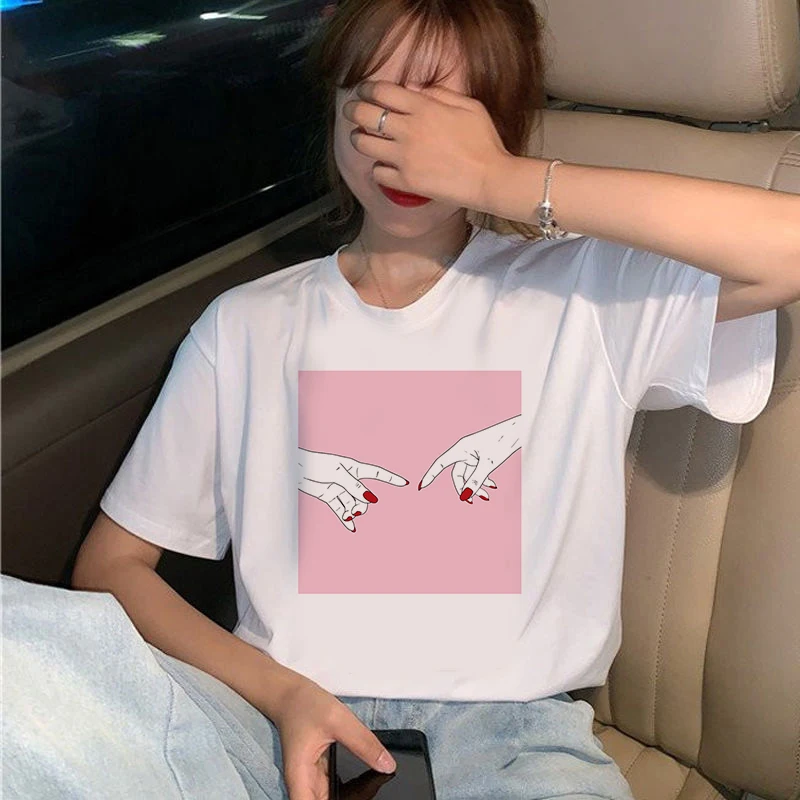 

Beautiful fingers Print Vogue T shirt Women Fashion Tshirt O neck Girl Short Sleeve Harajuku T shirt White Tops Female Tops