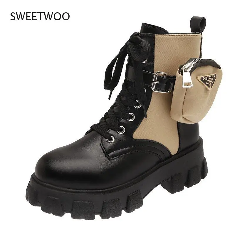 2021 black khaki platform combat and ankle boots women's lace buckle straps women's shoes winter shoes large size boots