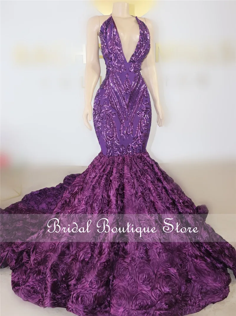 

Purple Long Prom Dresses 2021 V-neck Sleeveless African Black Girls Purple Sequin Flowers Mermaid Prom Gala Gowns