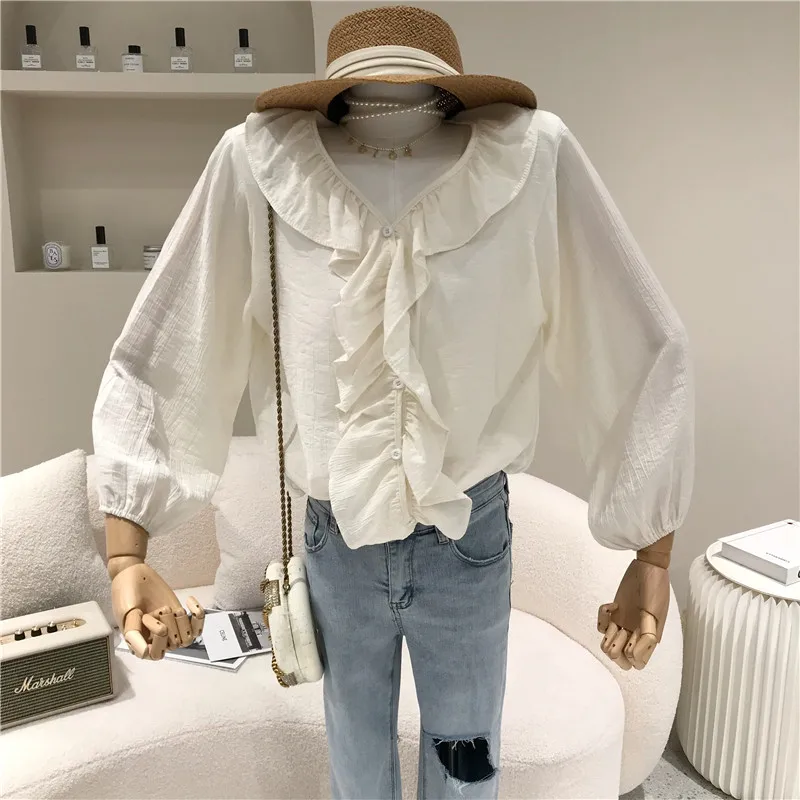

Women's Spring Summer 2021 Fashion V-neck shirt Design Ruffle Chiffon Top