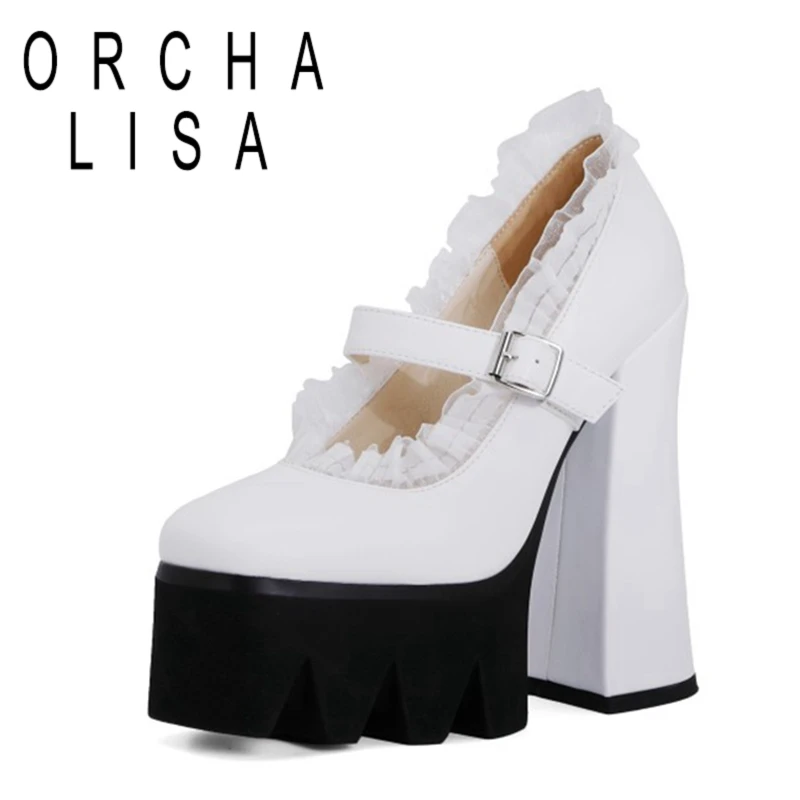 

ORCHA LISA/2021 на толстой подошве; Женские туфли-лодочки в стиле «Мэри Джейн» с оборками круглый носок, на платформе, в стиле панк, Туфли с ремешком...