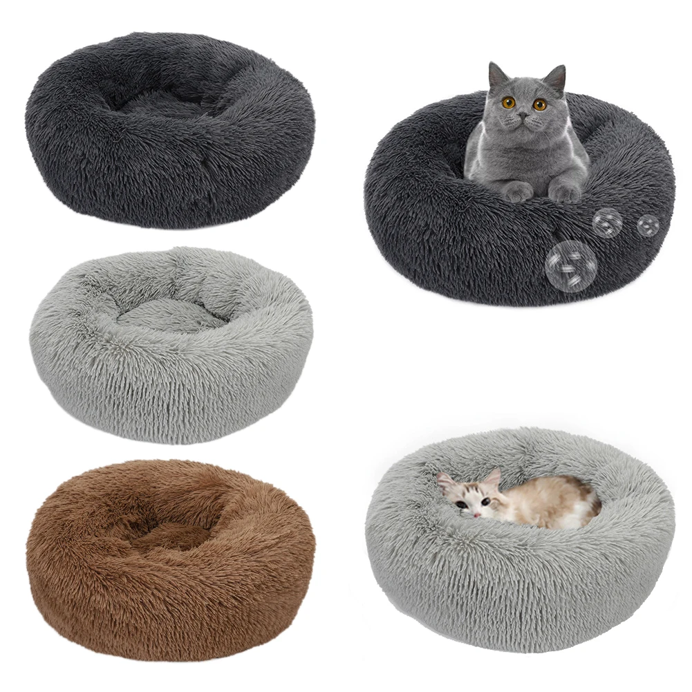 

Indoor Portable Fluffy Cushion Sleeping Nest Washable Long Plush Cuddly Non Slip Round Soft Cat Bed Kittens For Small Dogs