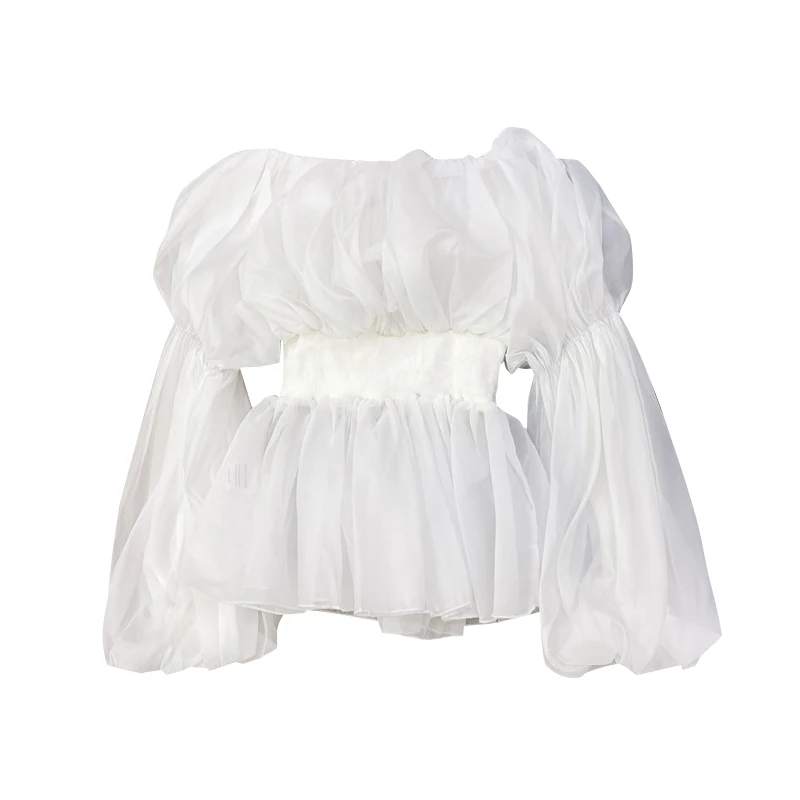 

VGH Black Elegant Shirts For Women Slash Neck Lantern Long Sleeve Sashes Slim Casual Blouses Female 2021 Fashion Clothing Spring