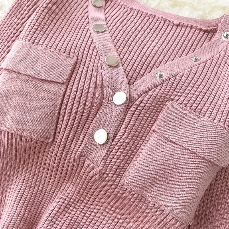 Женское трикотажное платье с V-образным вырезом и длинным рукавом | Женская