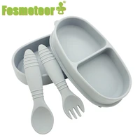 fosmeteor new 4pcs of bpa free baby silicone tableware solid color dinner plate childrens suction cup fork and spoon toy gift