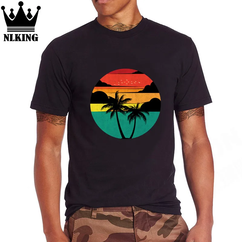 Футболки с тропическим пальмовым океаном для мужчин Гавайи закат на море круглым