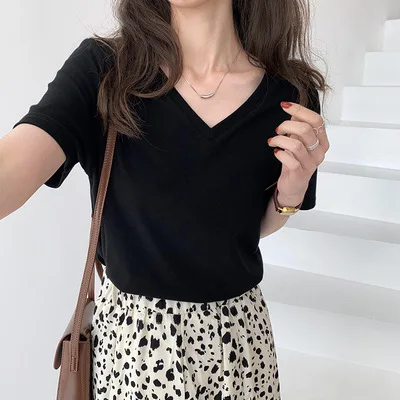 

V-neck T-shirt short-sleeved solid color shirt 100% cotton slim-fit T-shirt gray