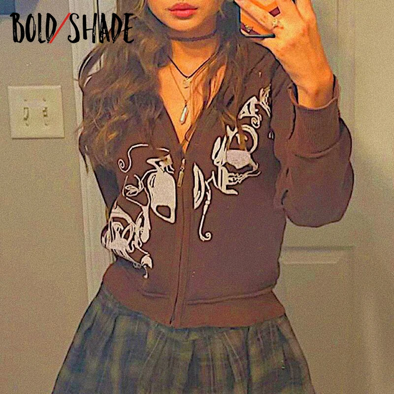 

Bold Shade Graphic Print Hooded Outwear Fairy Grunge Y2K Slim Vintage 90s Style Hoodies Indie Aesthetics Women Fashion Hoodies