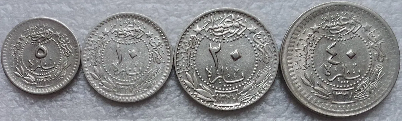 

Turkish Ottoman 1910/1913 5.10.20.40 Para Full Set 4 Pieces Genuine Coins Real Original Coin