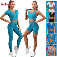 wohuadi womens summer shorts suit sport outfit for woman sportswear gym workout clothes tights zipper t shirt bra leggings set