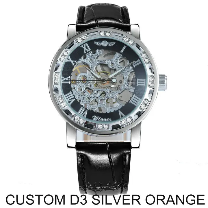 D3 SILVER ORANGE WINNER официальный бренд роскошные часы мужские Скелет механические часы Кристалл Iced Out Кожаный ремешок наручные часы подарок для влюбленных - Цвет: D3 SILVER ORANGE
