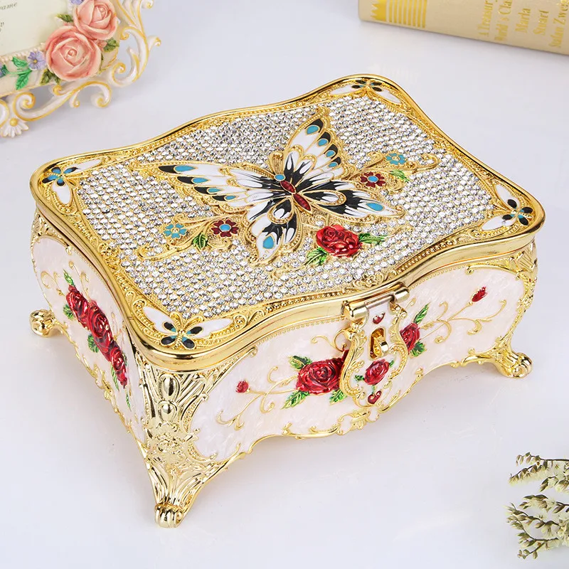 Luxury Vintage Rectangle Metal Rose flower Jewelry Box Trinket Organizer Storage Box with Butterfly Pattern for Women Girls