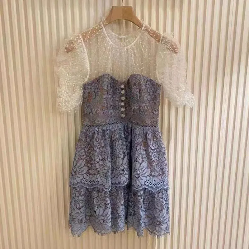 

CHICLADY 2021 spring new party lace hollow out patchwork blue mini dresses women short sleeve mesh ruffles summer dress traf