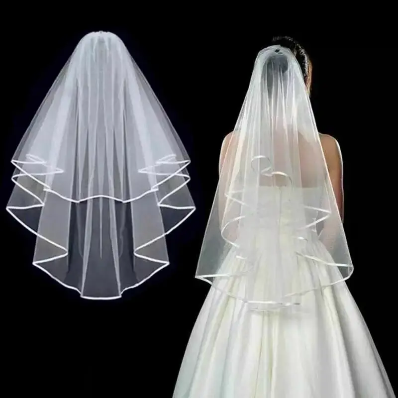 

Comb Elbow Elegant Cathedral White Ivory 2T Wedding Bridal Veil Satin Edge