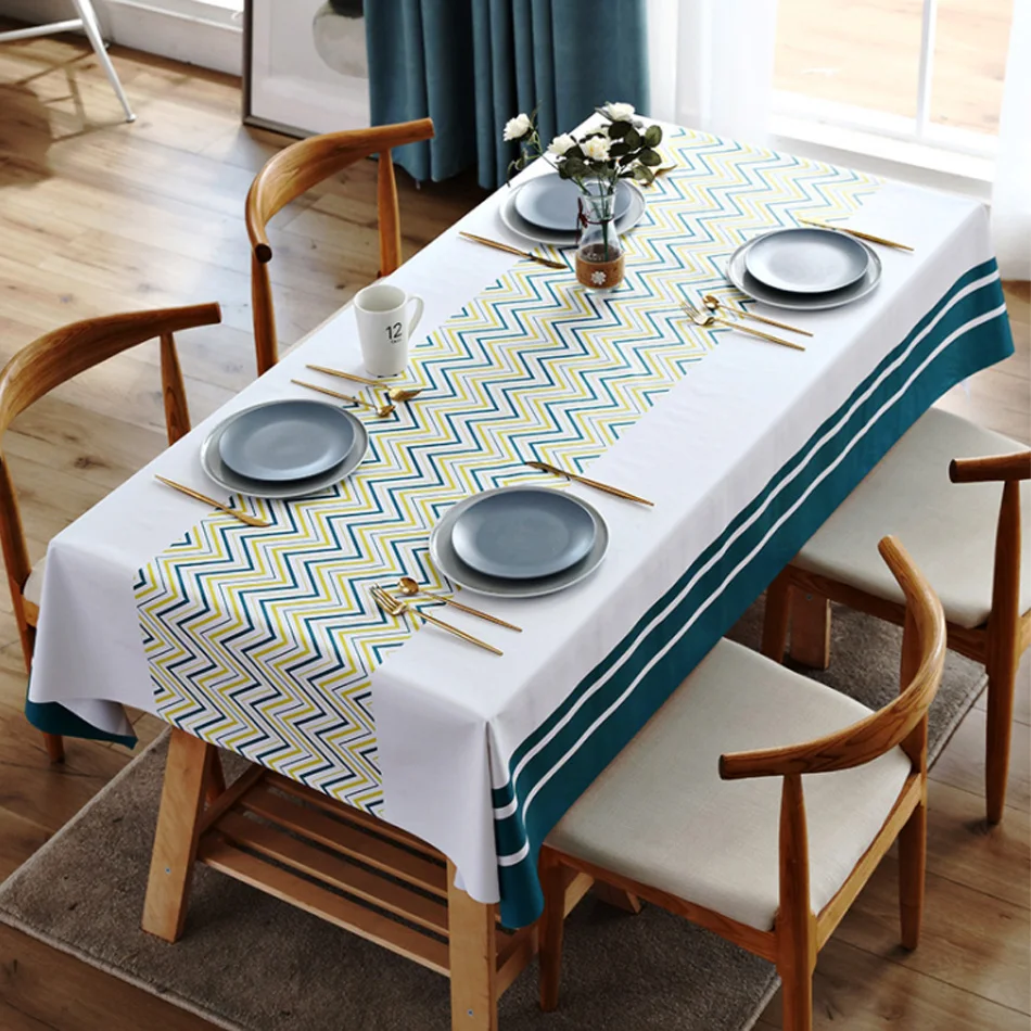 

PVC Nordic Ethnic Style Design Square Stripe Waterproof And Anti-Scalding Table Runner Navy Blue Corrugated Modern Ablecloth
