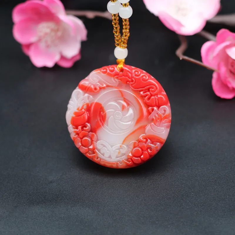 

Bat Flower Red White Jade Pendant Necklace Chinese Hand-Carved Natural Charm Jewelry Accessories Amulet Fashion Men Women Gifts