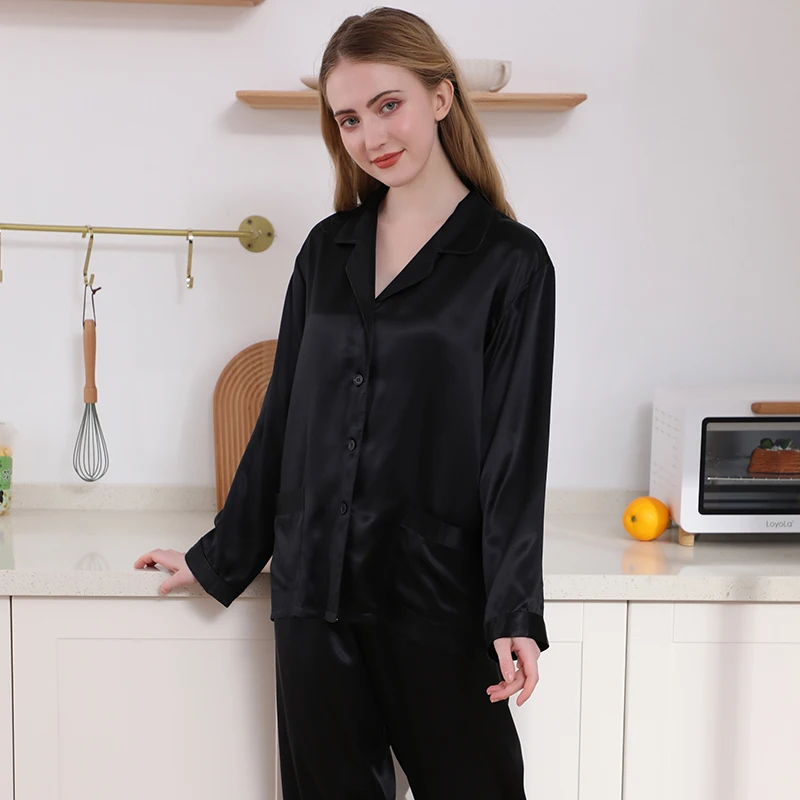 

Factory wholesale new style 100% mulberry silk pure color thin long-sleeved silk pajamas women's suit home service