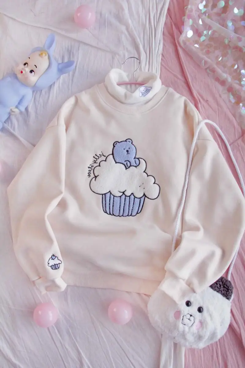

Thicken O-Neck Hoodies Women Winter Japanese Sweet Cute Loose Plush Bear Pattern Pullover Girl Sweatshirt Base Tops Student