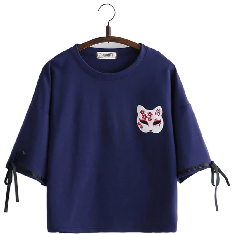 Женские футболки с вышивкой в виде мультяшного кота хлопковая футболка на