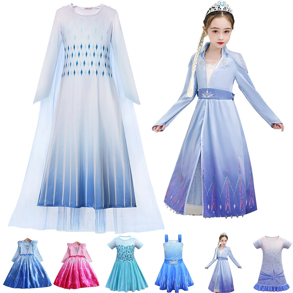 

New Elza 2 Dress Girls Costume Kids Cosplay Snow Queen Clothes Birthday Party Printed Gown Fancy Elza Ana Princess Dress