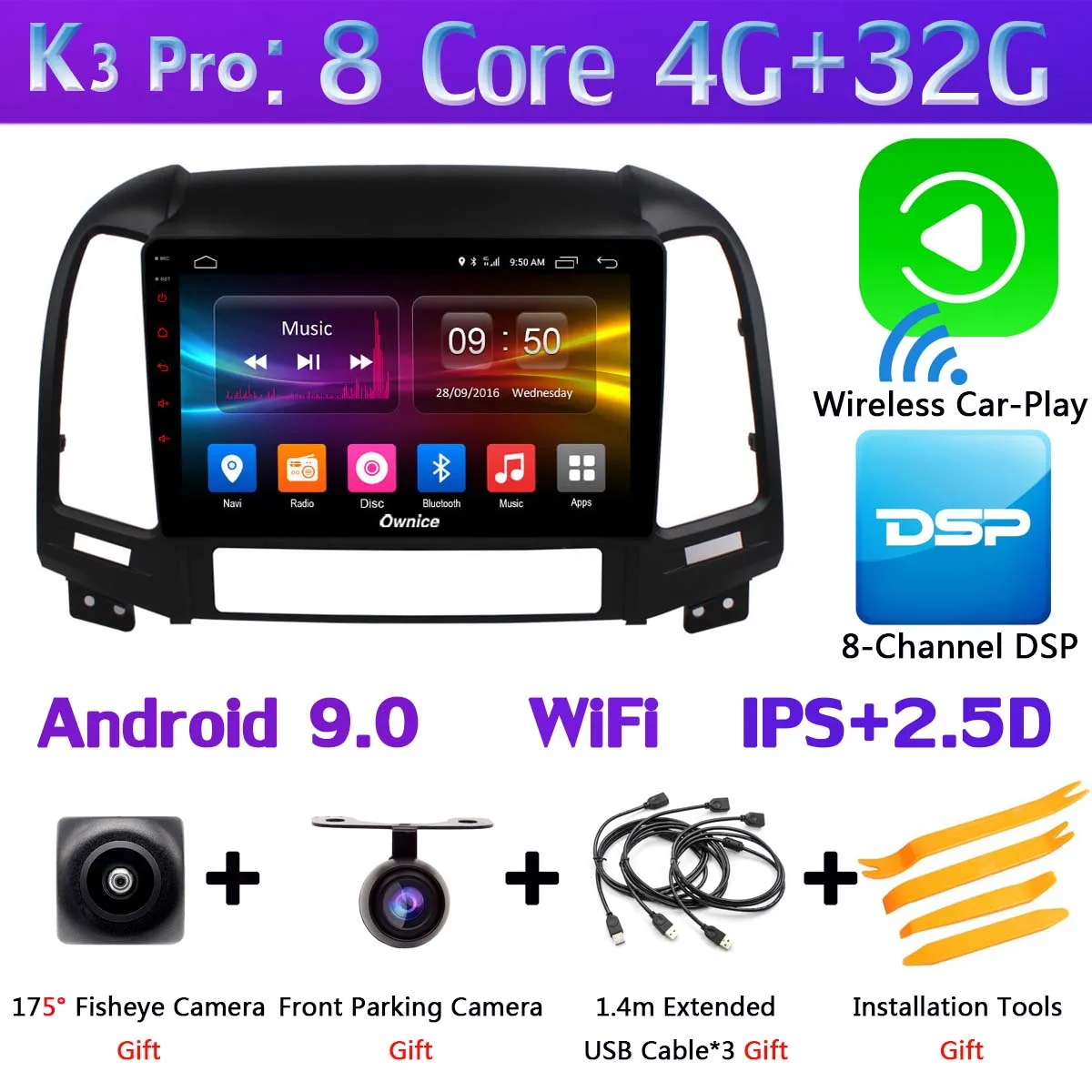 K3 Pro CarPlay 360 ° камера 4G+ 64G Android 9,0 Автомобильный мультимедийный радио для hyundai Santa Fe 2 2006-2012 головное устройство gps навигация SPDIF DSP CarPlay - Цвет: K3 Pro CarPlay