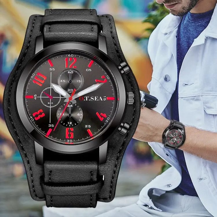 

Hot Sales O.T.SEA Brand Leather Watches Men Military Sports Quartz Wristwatches Gift 4077-1