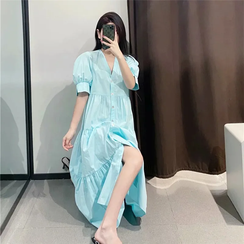 

Summer Dresses For Women Za 2021 Blue Short Puff Sleeve Ruffle Ruched Long Dress V Neck Front Buttons Casual Beach Maxi Dress