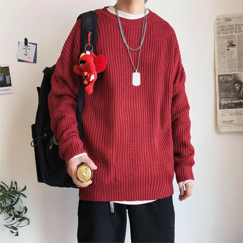 WineRed(AsianSize) Privathinker, осенне-зимний мужской свитер, пуловер, 9 цветов, повседневный мужской вязаный корейский однотонный топ, уличная одежда, мужской свитер - Цвет: WineRed(AsianSize)