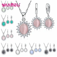 women 3pcsset necklace earrings sets with zircon big temperament oval opal pendant 925 silver jewelry sets bohemian style