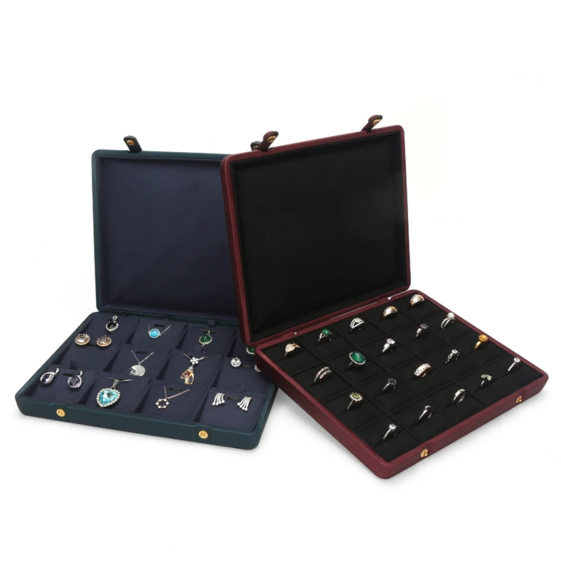 Flat Red Pu Leather Concealed Button Pendant Earring Storage Tray For Counter Window Display Built-in 12 Cells Velvet Card Slot