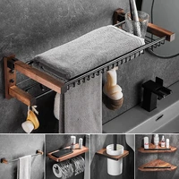 Walnut Wood Black Bathroom Hardware Set Towel Rack Toilet Paper Holder Towel Bar Robe Hook Bathroom Accessories