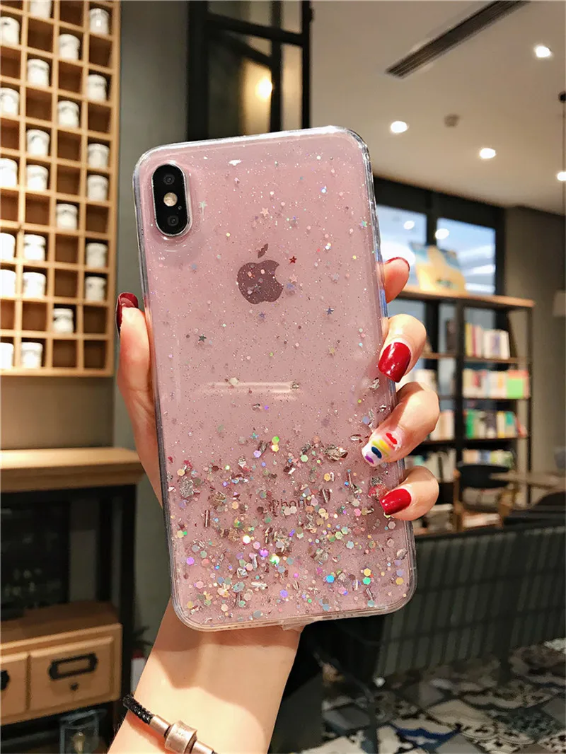 NJIEER Блестящий блестящий чехол для iphone X 11 Pro XS MAX XR Блестящий Прозрачный чехол для iphone 8 7 6 6S Plus Мягкий чехол из ТПУ