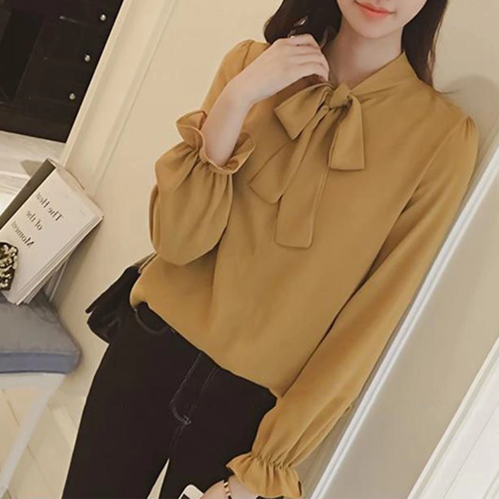 

Women Fashion Solid Color Long Puff Sleeve Blouse Buttons Necktie Bowknot Shirt