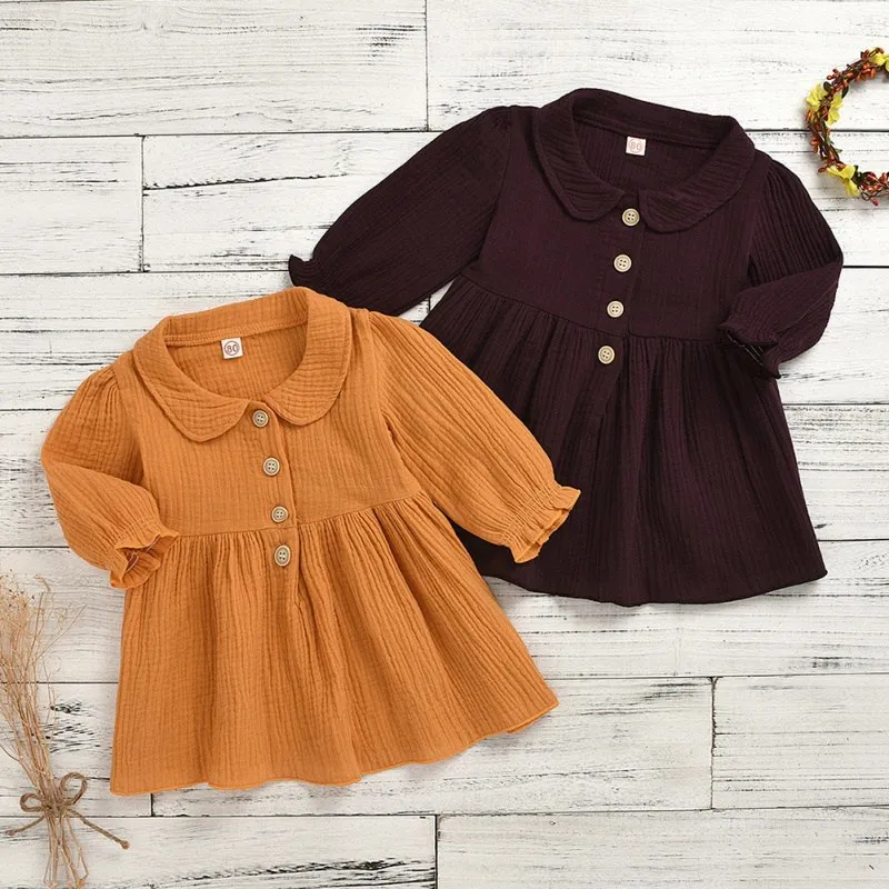 

0-4T Spring Baby Girl Dress Boutique Long Sleeve Cotton Ruffle Solid Baby Dress Casual Baby Girl Clothes Infant Kids Outfit 11