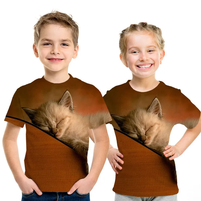 picture color Вечерние топы для маленьких девочек с рисунком кота, летние футболки с короткими рукавами для мальчиков и девочек, Повседневная футболка, одежда для малышей 3, 4, 5, 6, 7, 8 лет - Цвет: picture color