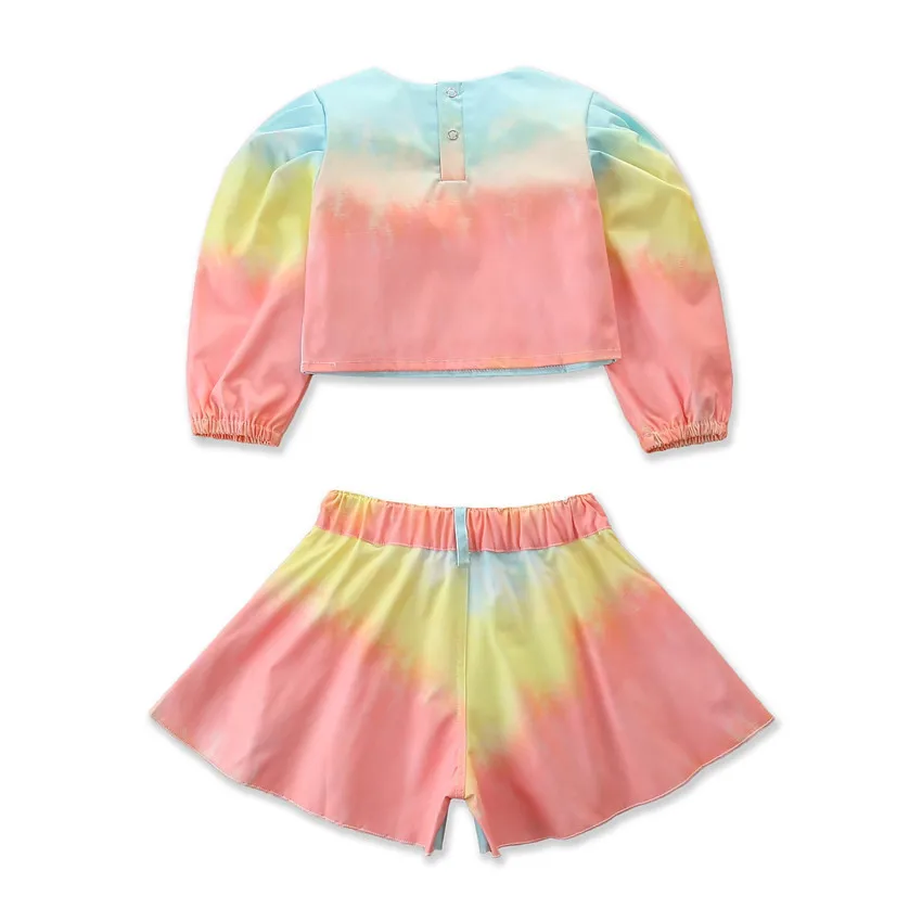 

Wholesale Children Clothing Hot Sale Fashionable Tie Dyed Long Sleeve Pullover + Loose Shorts Two Piece Set for Baby Girls