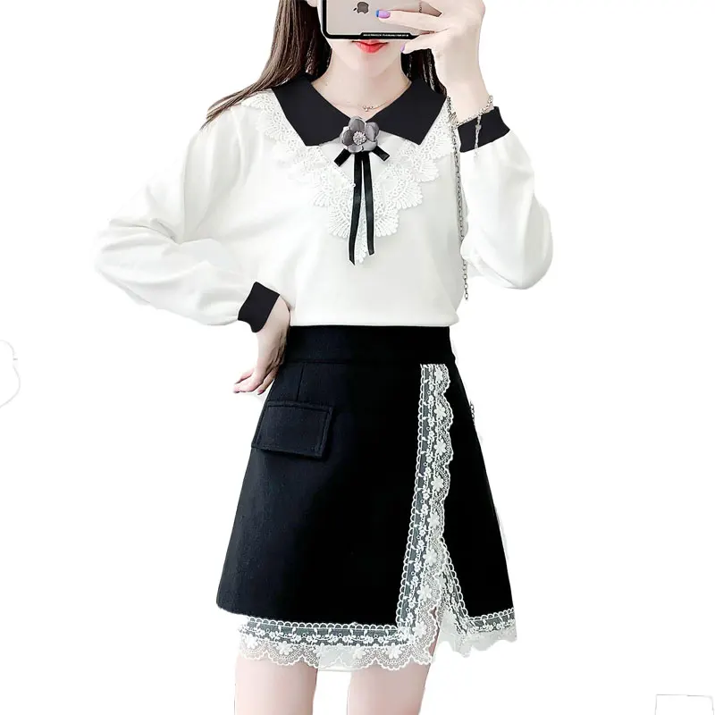 

New Winter Sweet Women Girl Pullover Sweater Suit Spliced Knitting Woolen Cloth Skirt 2 Pcs Clothing Set Outfit Knitwear Design
