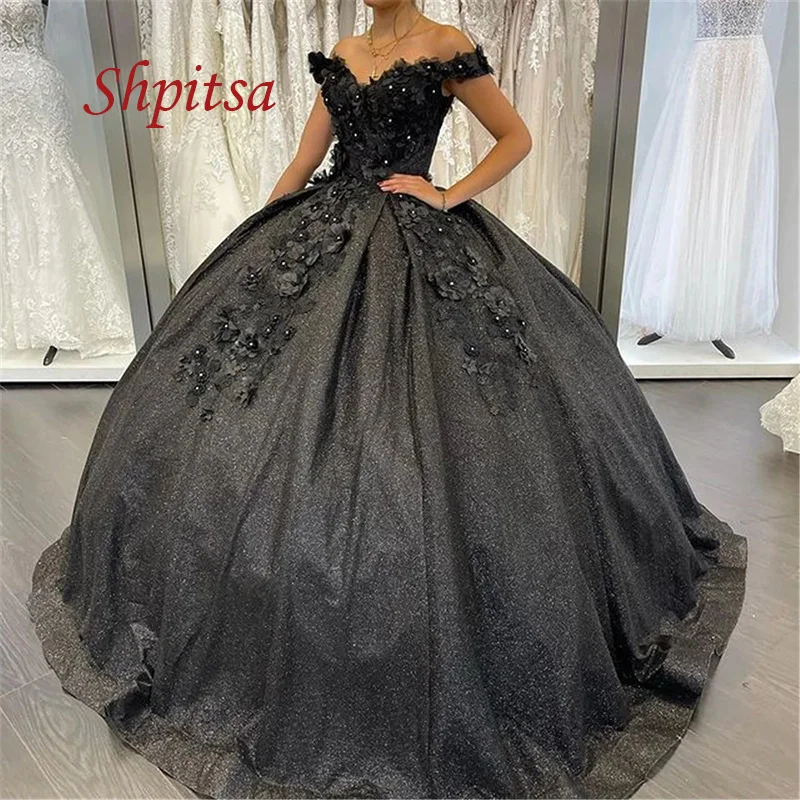 

Black Luxury Quinceanera Dresses Ball Gown Puffy Plus Size Women Masquerade Flower Long Prom Sixteen Sweet 16 Dress for 15 Years