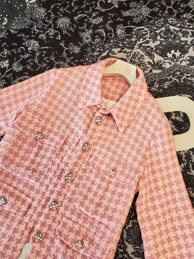 

Designers Brand Pink Tweed Jacket Office Lady Four Big Pockets Beautiful Buttons Decoration Elegant Fashion Formal Short jacket